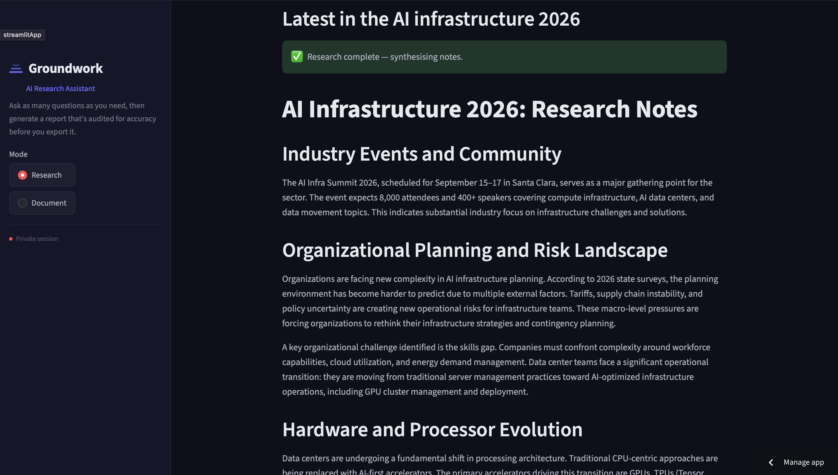 A generated research report, synthesized and structured automatically