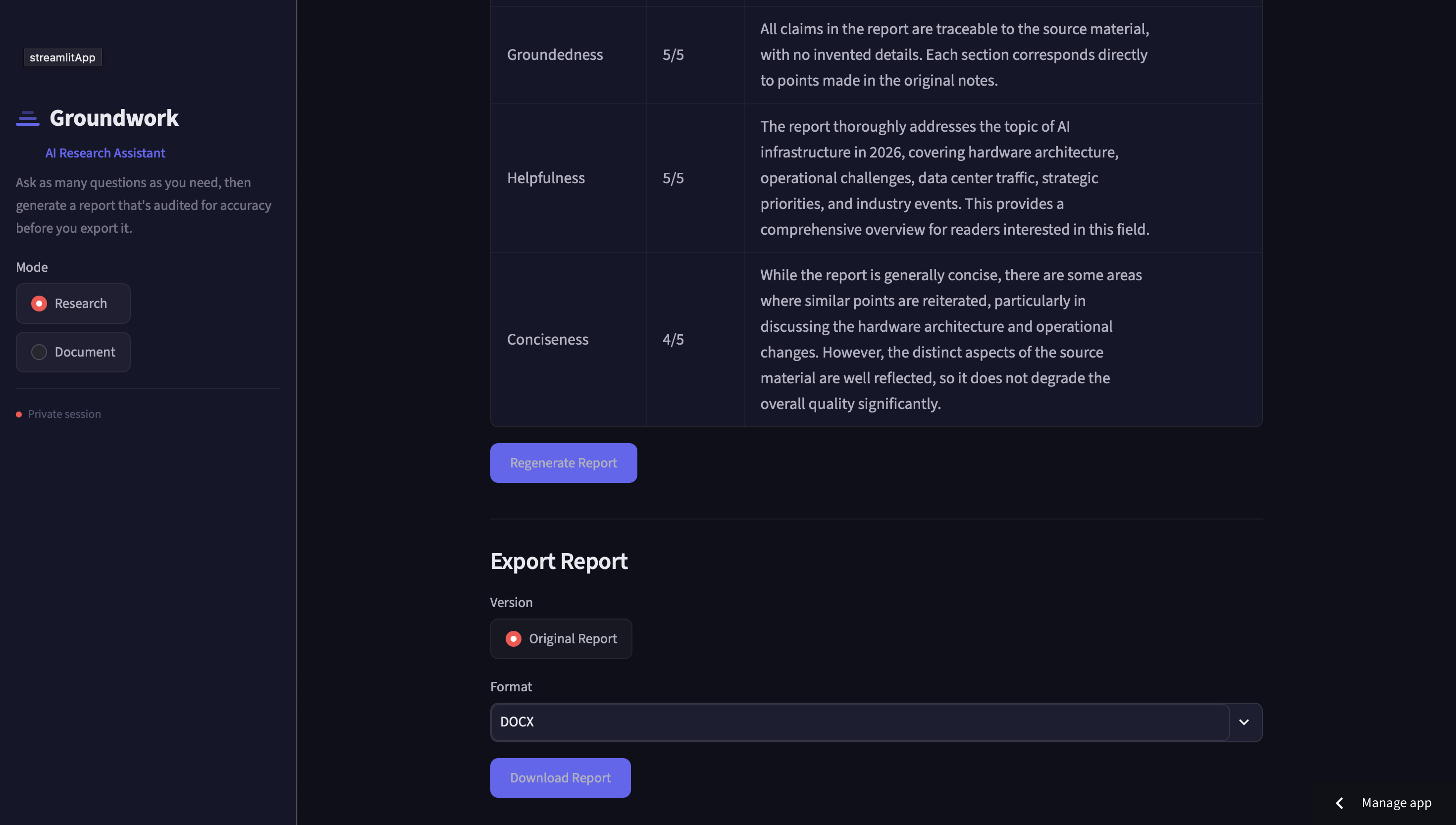 LLM-as-judge scoring a report before export, with a one-click regenerate